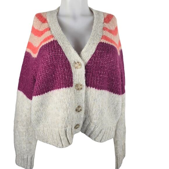 American Eagle Orange Pink Heathered Gray Cropped Women's Sweater Jacket L - Picture 1 of 3